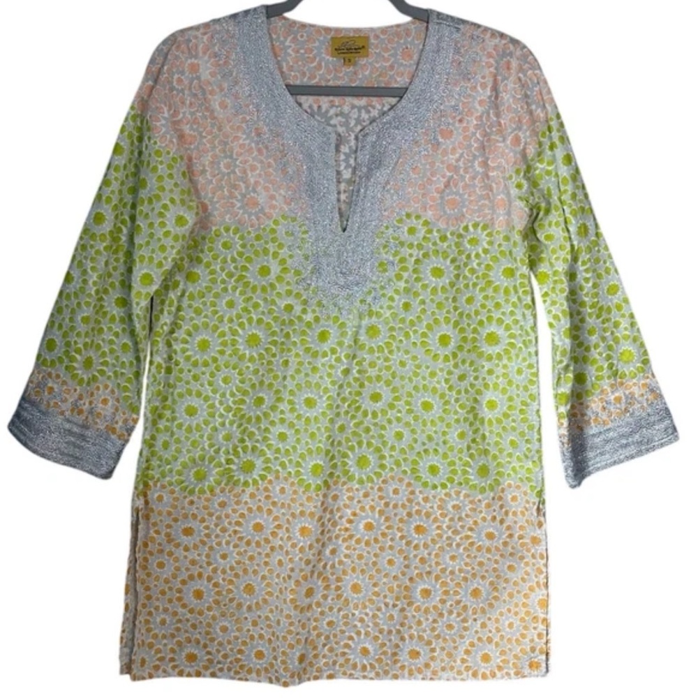 Roberta Roller Rabbit Embroidered Tunic Top Green and Yellow Size XL